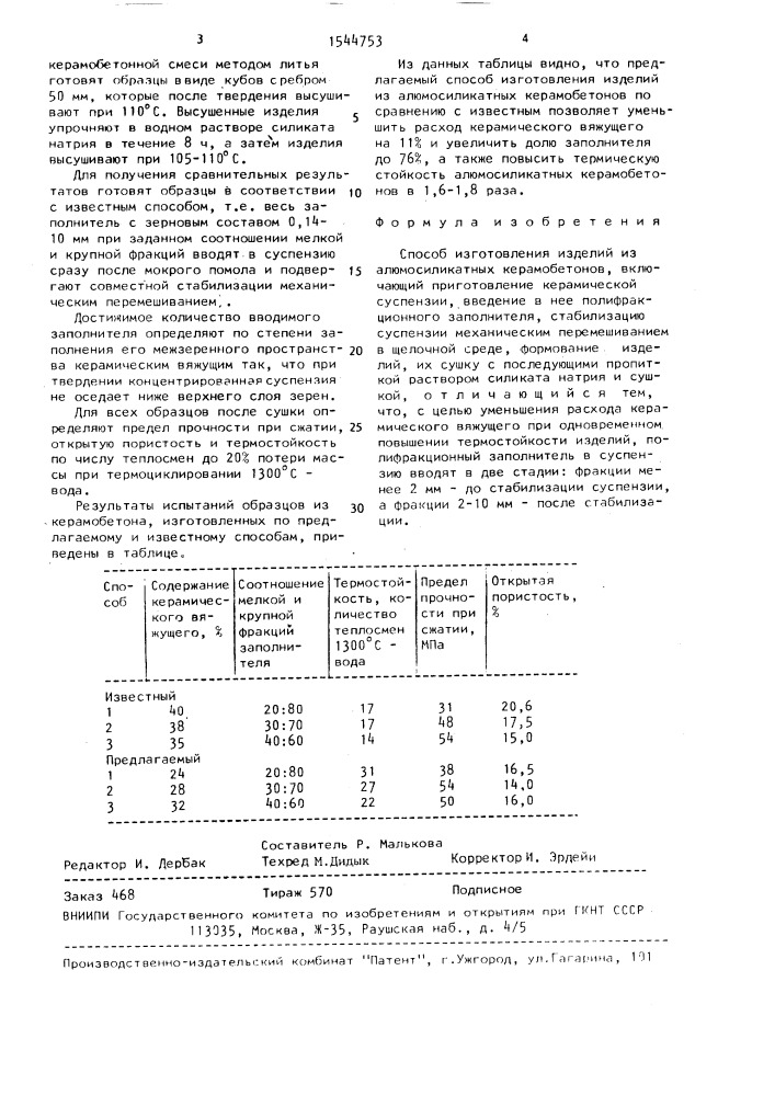 Способ изготовления изделий из алюмосиликатных керамобетонов (патент 1544753)