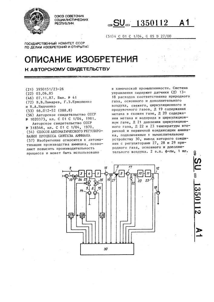 Способ автоматического регулирования процесса синтеза аммиака (патент 1350112)