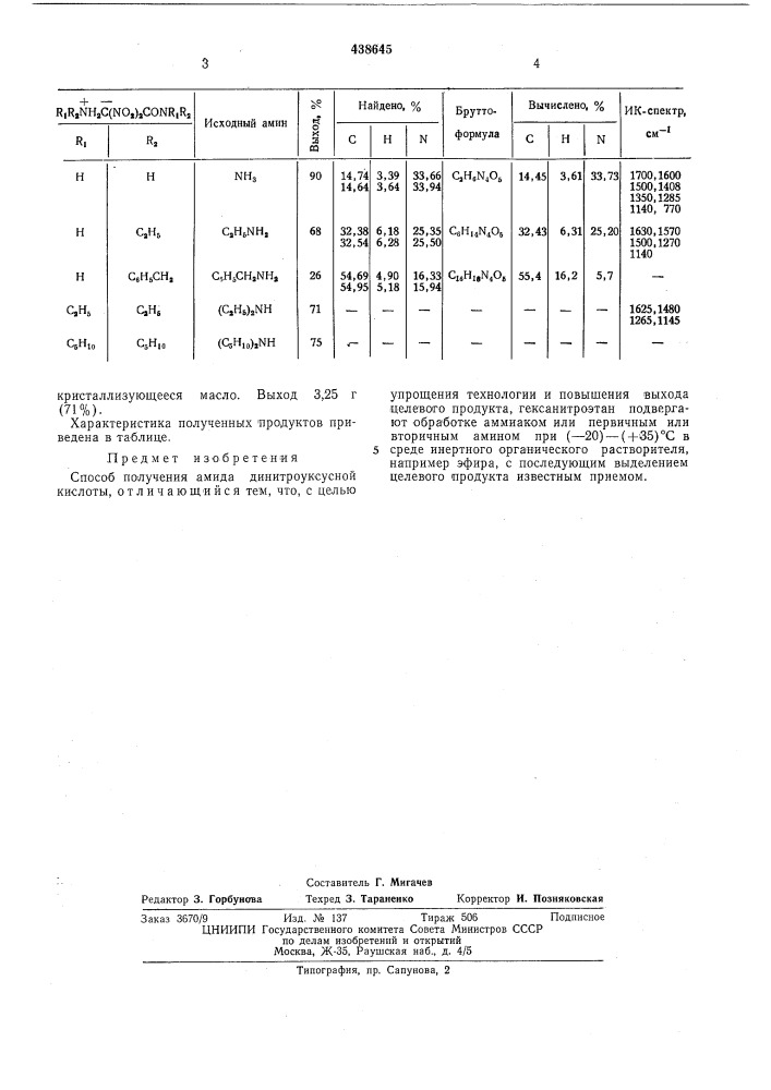 Способ получения амида динитроуксусной кислоты (патент 438645)