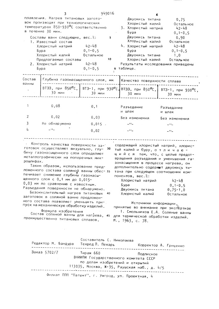 Состав соляной ванны для нагрева (патент 949016)