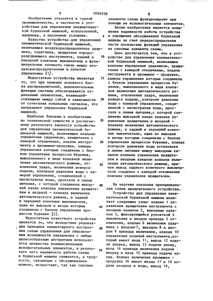 Устройство для управления пневматической бурильной машиной (патент 1094958)