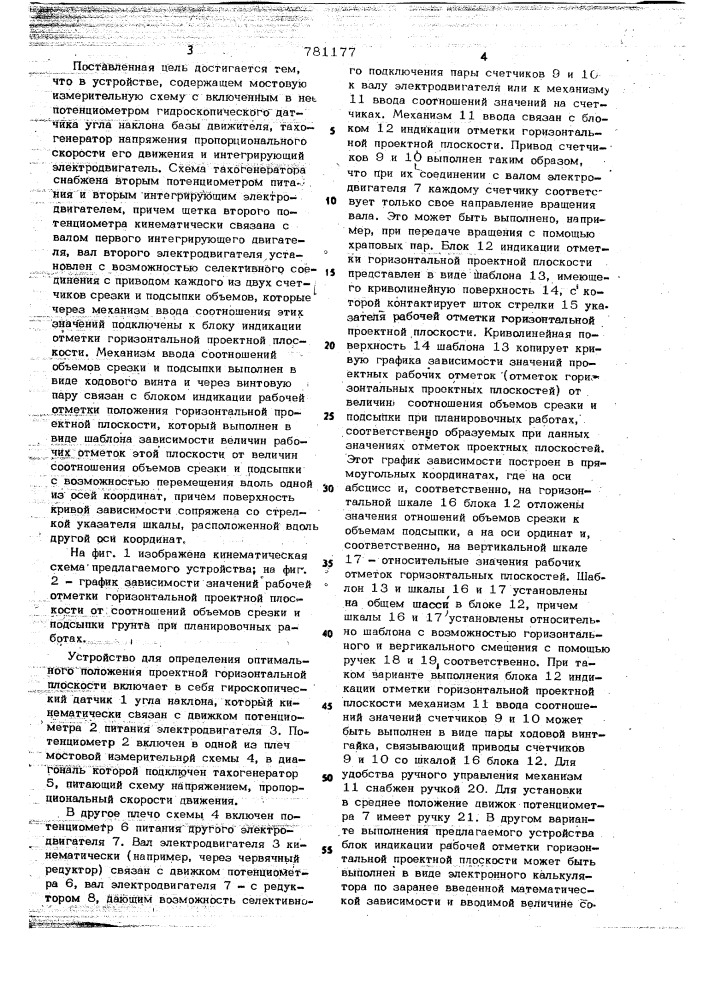 Устройство для определения оптимального положения проектной горизонтальной плоскости при планировке (патент 781177)