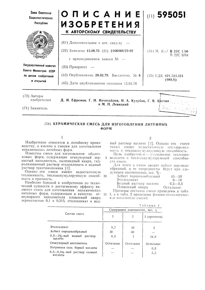 Карамическая смесь для изготовления литейных форм (патент 595051)