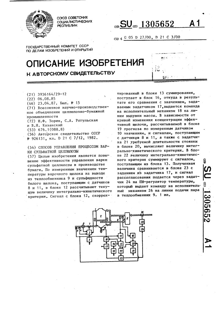 Способ управления процессом варки сульфатной целлюлозы (патент 1305652)