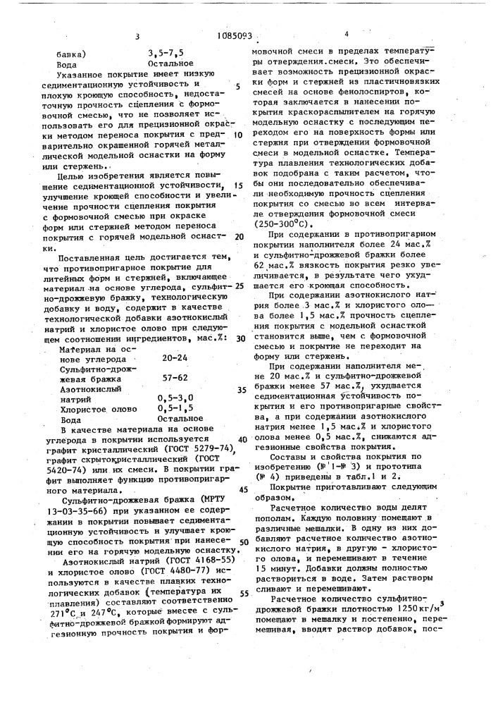 Противопригарное покрытие для литейных форм и стержней (патент 1085093)