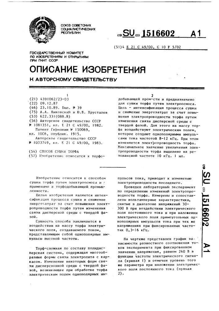 Способ сушки торфа (патент 1516602)