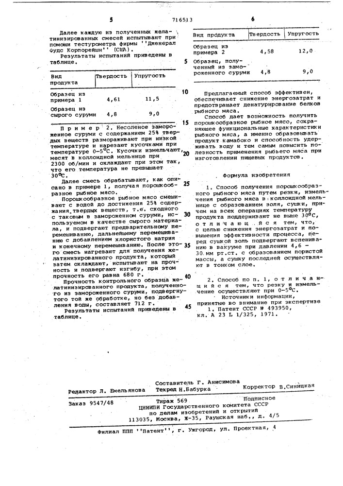 Способ получения порошкообразного рыбного мяса (патент 716513)