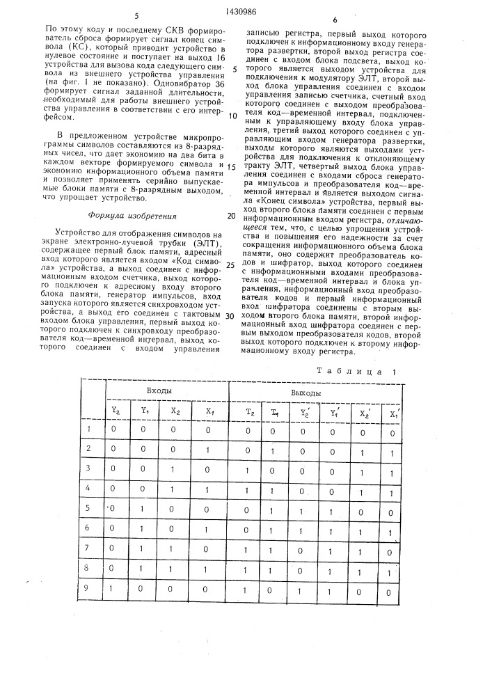 Устройство для отображения символов на экране электронно- лучевой трубки (патент 1430986)