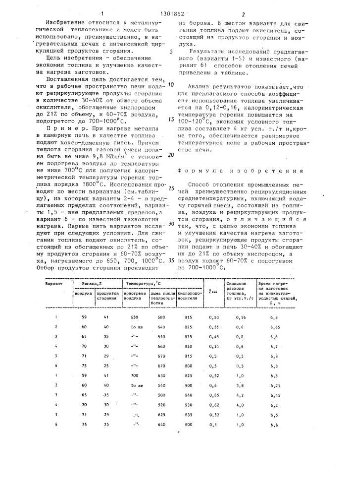 Способ отопления промышленных печей (патент 1301852)