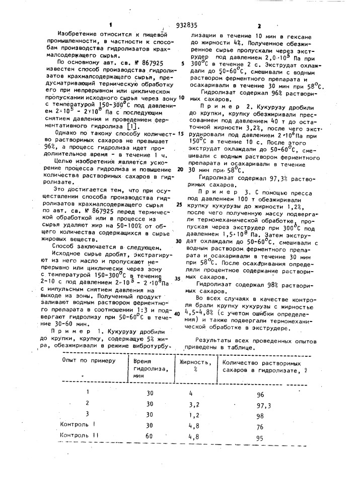 Способ производства гидролизатов крахмалсодержащего сырья (патент 932835)