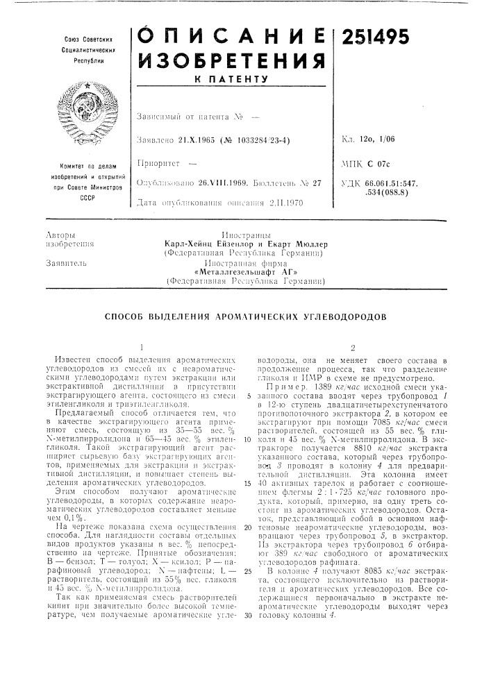 Способ выделения ароматических углеводородов (патент 251495)