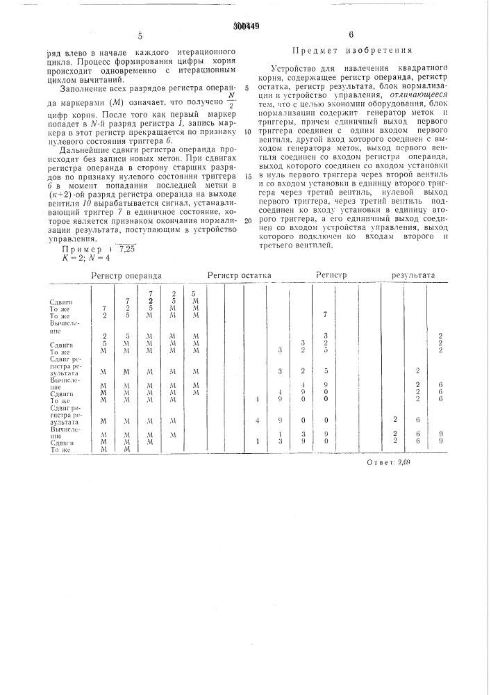 Устройство д.пя извлечения квадратного корня (патент 300449)