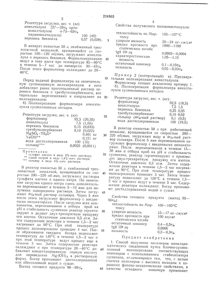 Способ получения полимеров винилароматическихсоединений (патент 231803)
