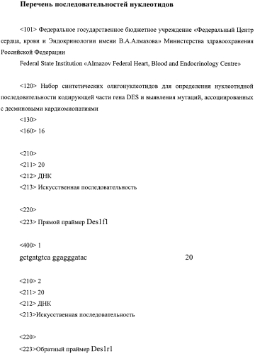 Набор синтетических олигонуклеотидов для определения нуклеотидной последовательности кодирующей части гена des и выявления мутаций, ассоциированных с десминовыми кардиомиопатиями (патент 2556832)