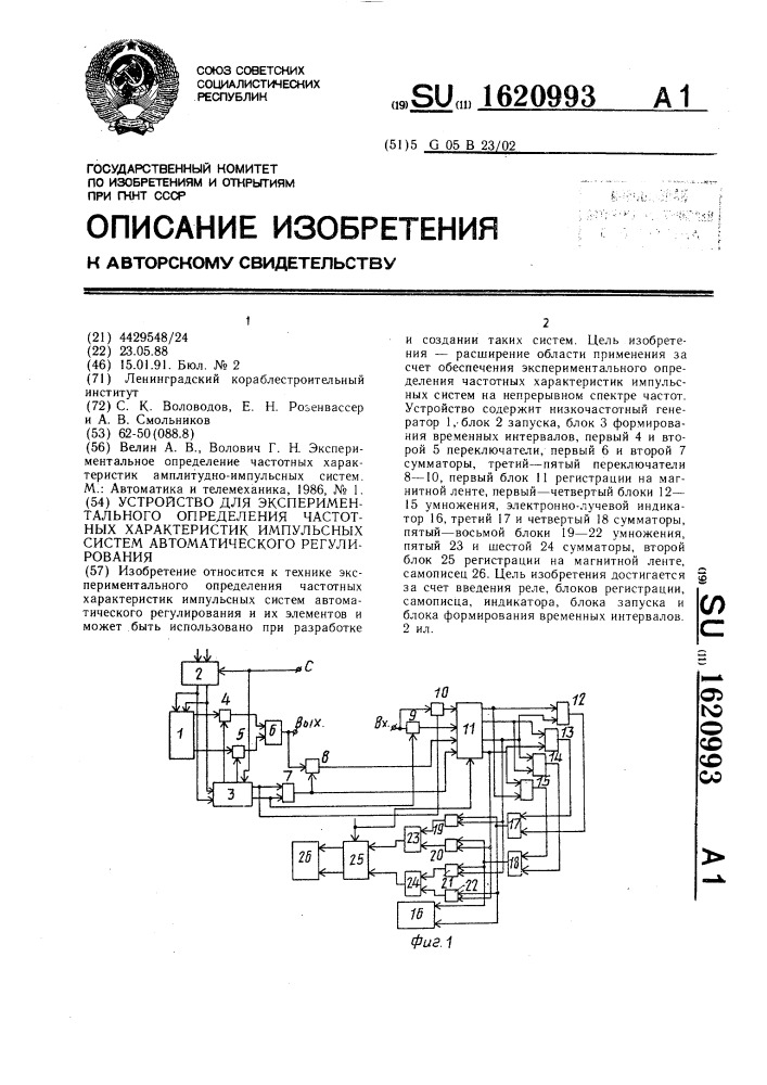 Устройство для экспериментального определения частотных характеристик импульсных систем автоматического регулирования (патент 1620993)