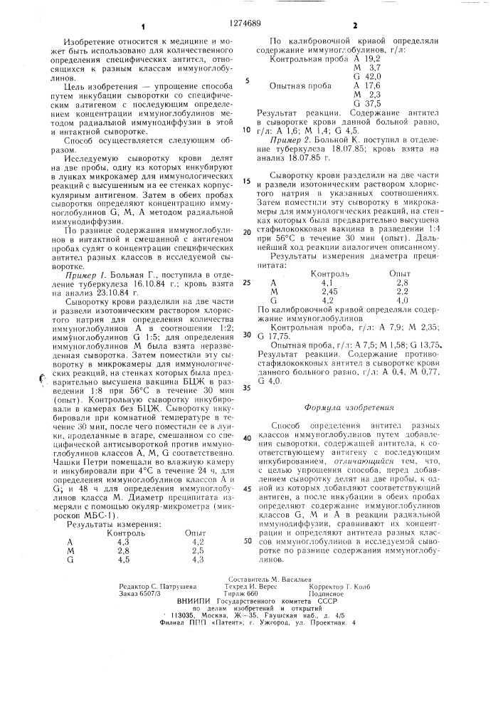 Способ определения антител разных классов иммуноглобулинов (патент 1274689)
