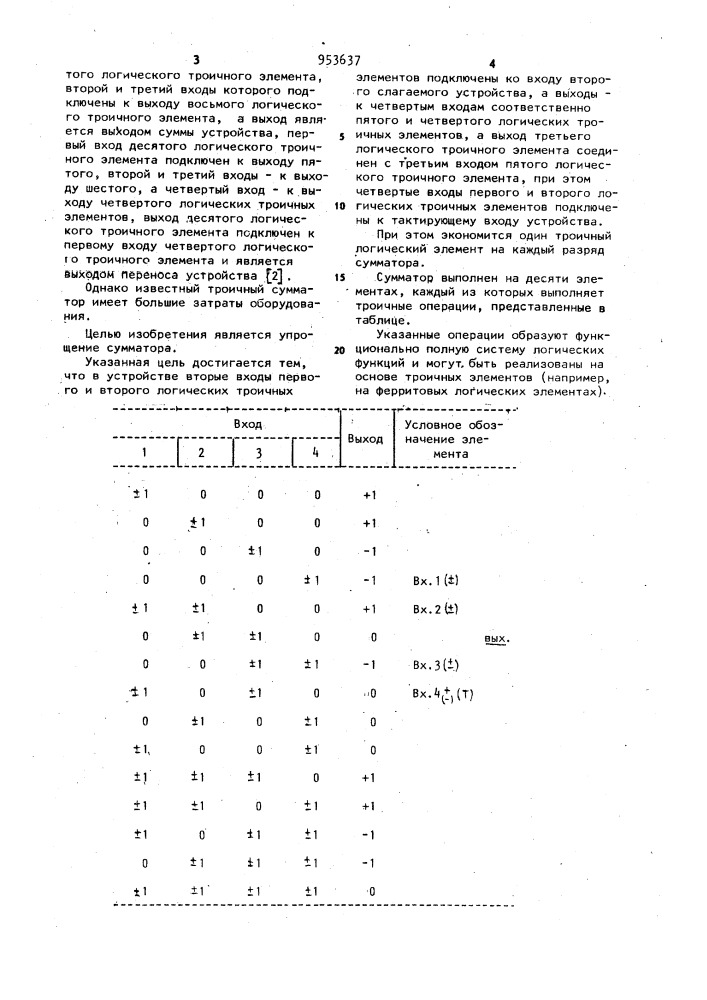 Троичный сумматор (патент 953637)