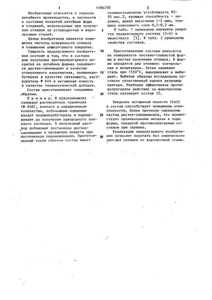 Состав для противопригарного покрытия на литейных формах и стержнях (патент 1186350)