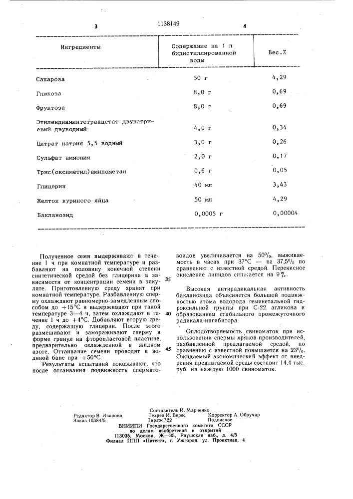 Среда для разбавления и замораживания семени сельскохозяйственных животных (патент 1138149)