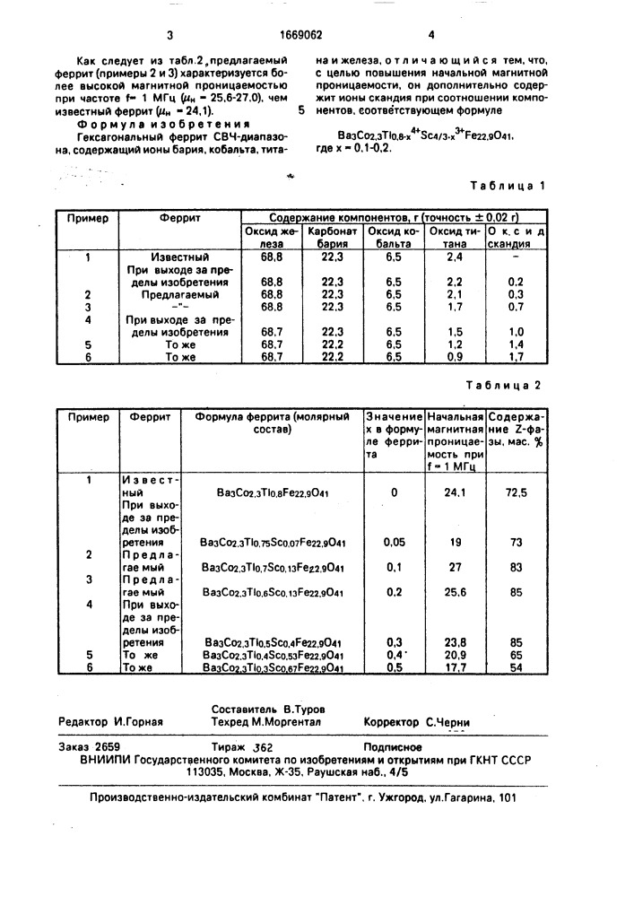 Гексагональный феррит свч-диапазона (патент 1669062)