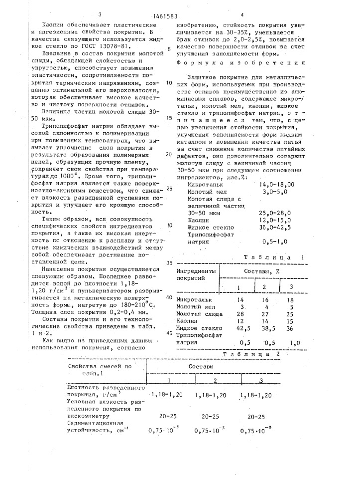 Защитное покрытие для металлических форм (патент 1461583)