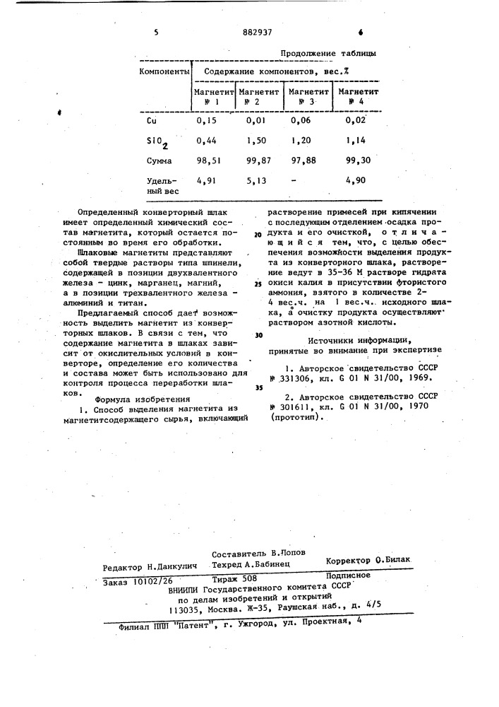 Способ выделения магнетита (патент 882937)
