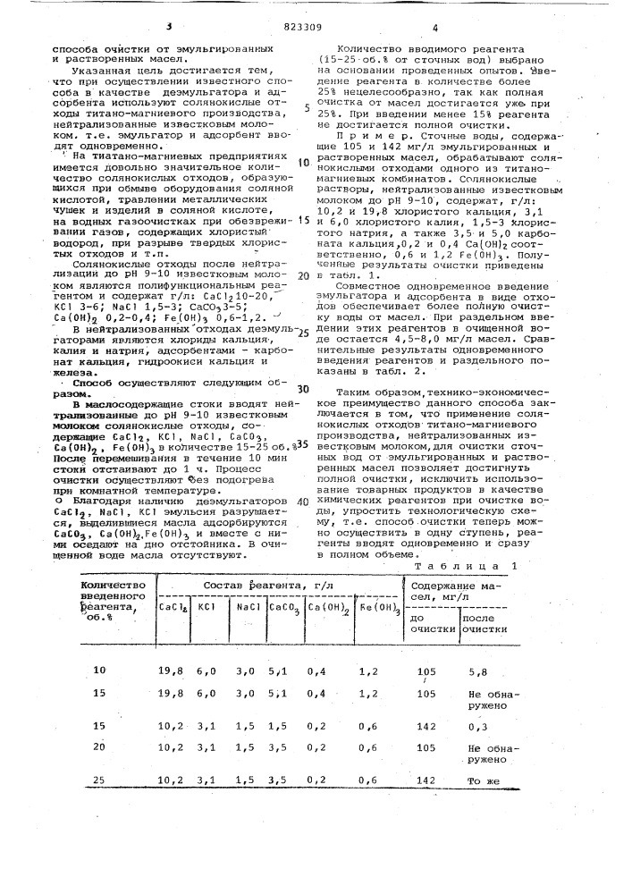 Способ очистки сточных вод отэмульгированных и растворенныхмасел (патент 823309)