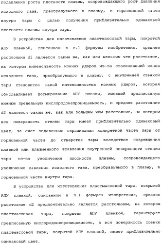 Пластмассовая тара, покрытая алмазоподобной углеродной пленкой, устройство для изготовления такой тары и способ изготовления такой тары (патент 2336365)