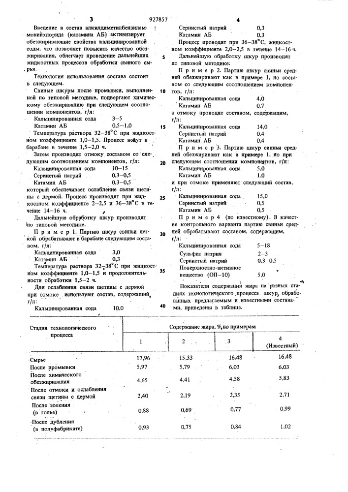 Состав для обезжиривания свиного сырья (патент 927857)