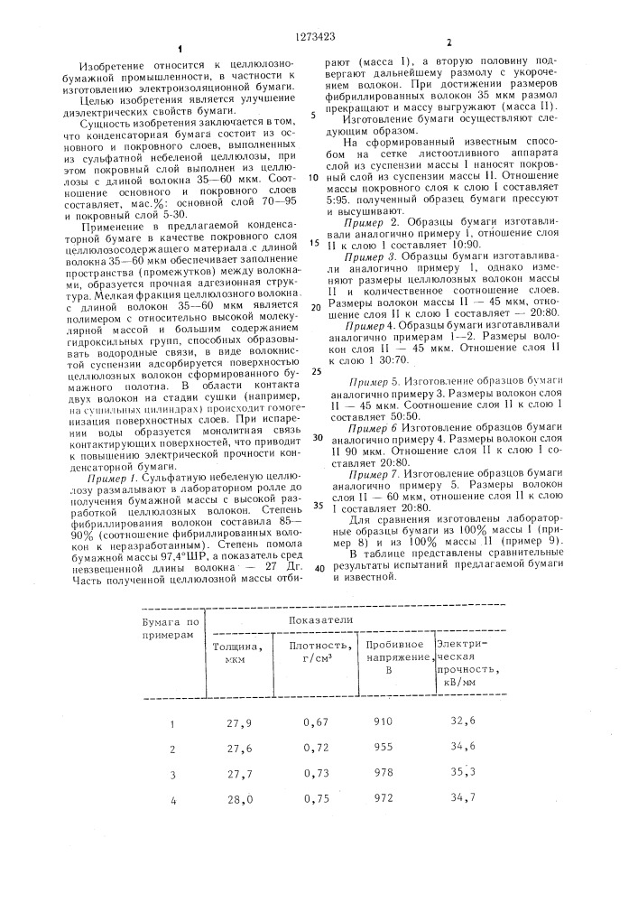 Конденсаторная бумага (патент 1273423)