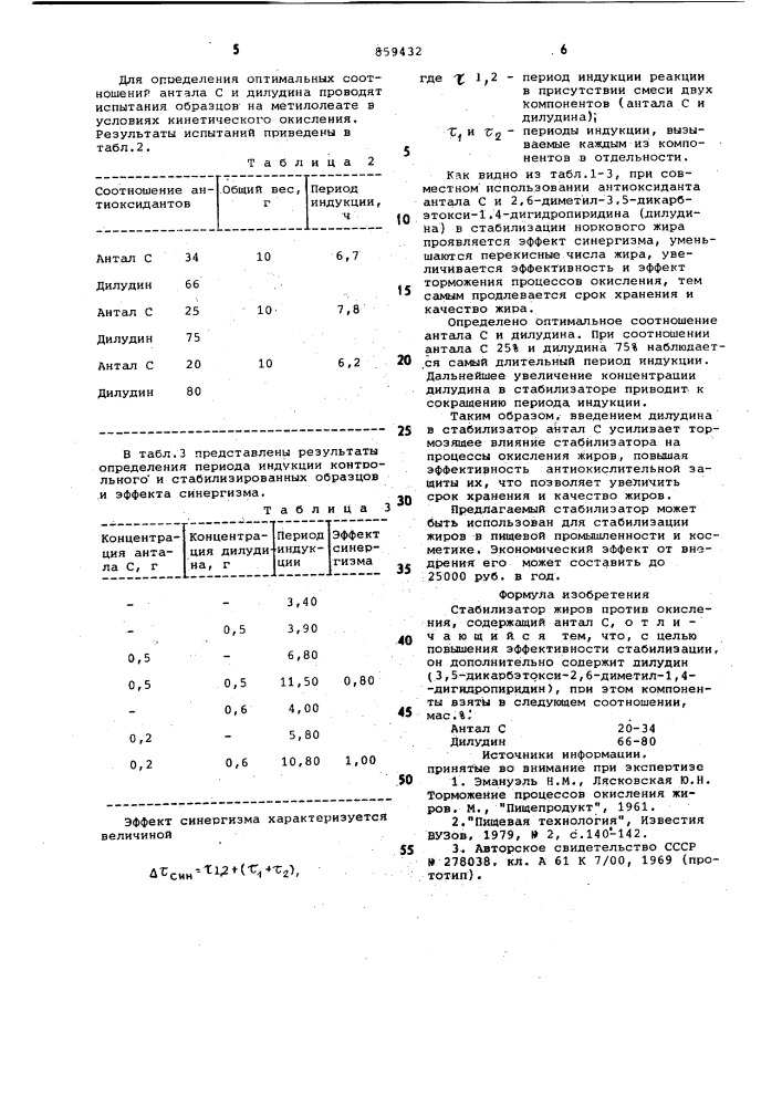 Стабилизатор жиров против окисления (патент 859432)