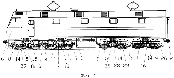 Железнодорожное тяговое транспортное средство с двухосными тележками (варианты) (патент 2307750)