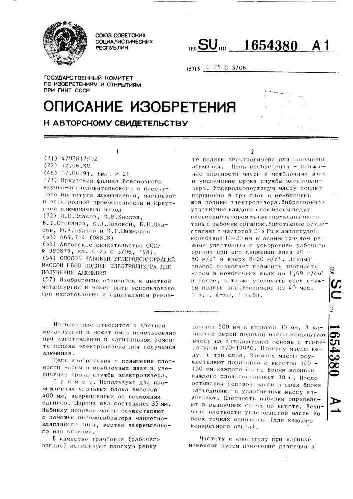 Способ набивки углеродсодержащей массой швов подины электролизера для получения алюминия (патент 1654380)