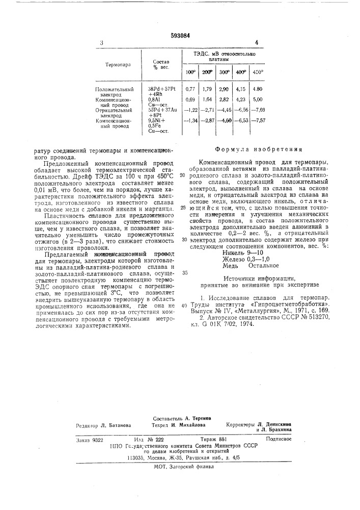 Компенсационный провод для термопары (патент 593084)