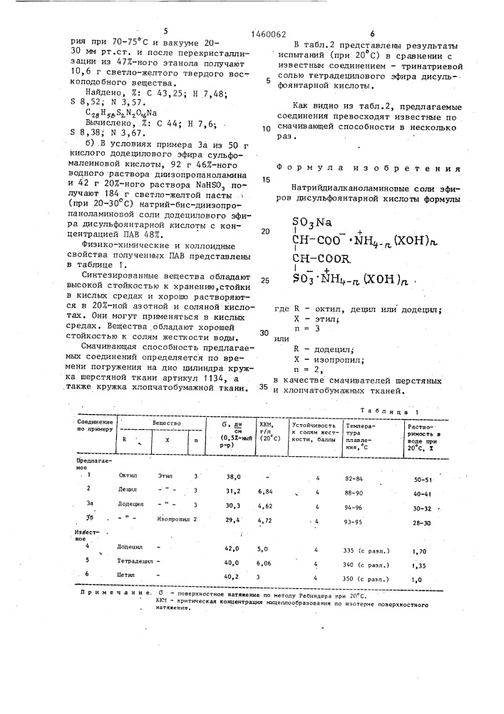 Натрийдиалканоламиновые соли эфиров дисульфоянтарной кислоты в качестве смачивателей шерстяных и хлопчатобумажных тканей (патент 1460062)