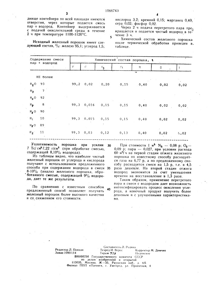 Способ термической обработки железного порошка (патент 1066743)