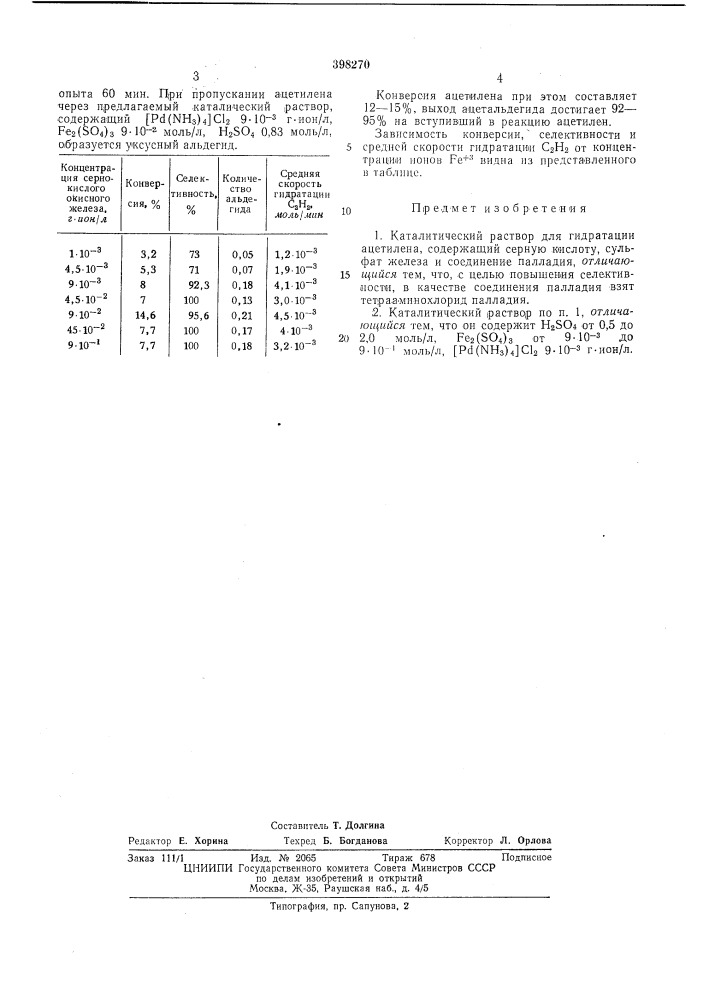 Каталитический раствор для гидратации ацетилеиа (патент 398270)