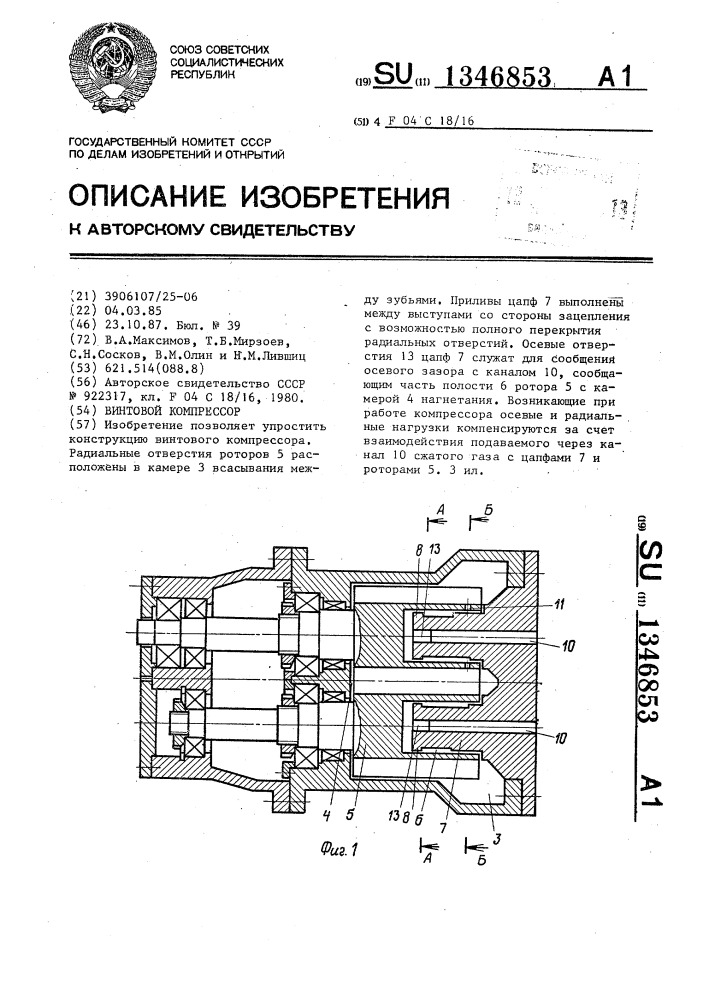 Винтовой компрессор (патент 1346853)