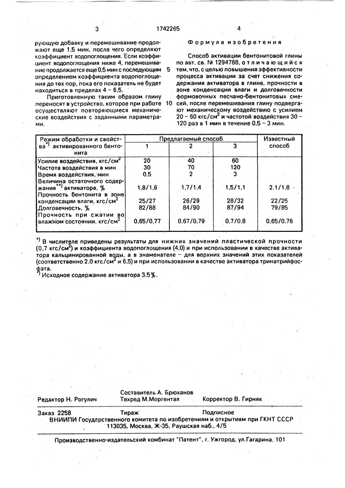 Способ активации бентонитовой глины (патент 1742265)