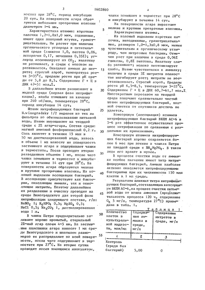 Консорциум штаммов нитрифицирующих бактерий niтrоsомоnаs europea и niтrовастеr winоgrаdsкy, используемый для очистки питьевой воды от аммиака (патент 1602860)