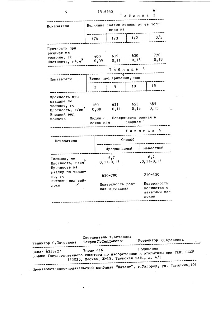 Способ изготовления слабоуплотненного войлока (патент 1516545)