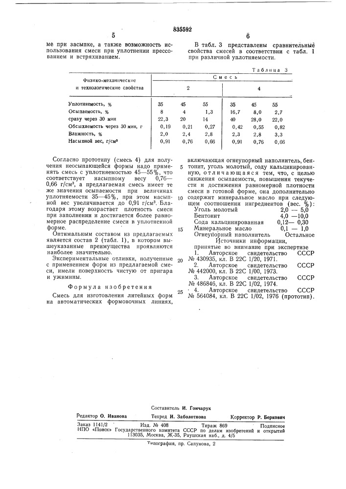 Смесь для изготовления литейных форм (патент 835592)