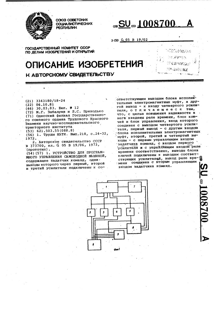 Устройство для программного управления самоходной машиной (патент 1008700)