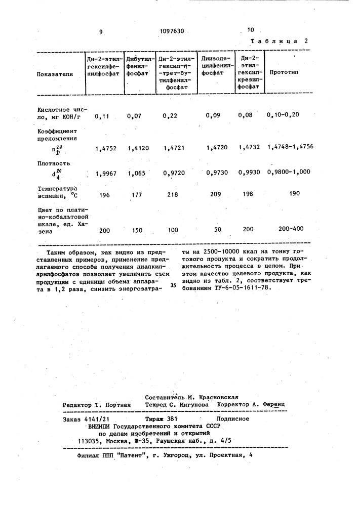 Способ получения диалкиларилфосфатов (патент 1097630)