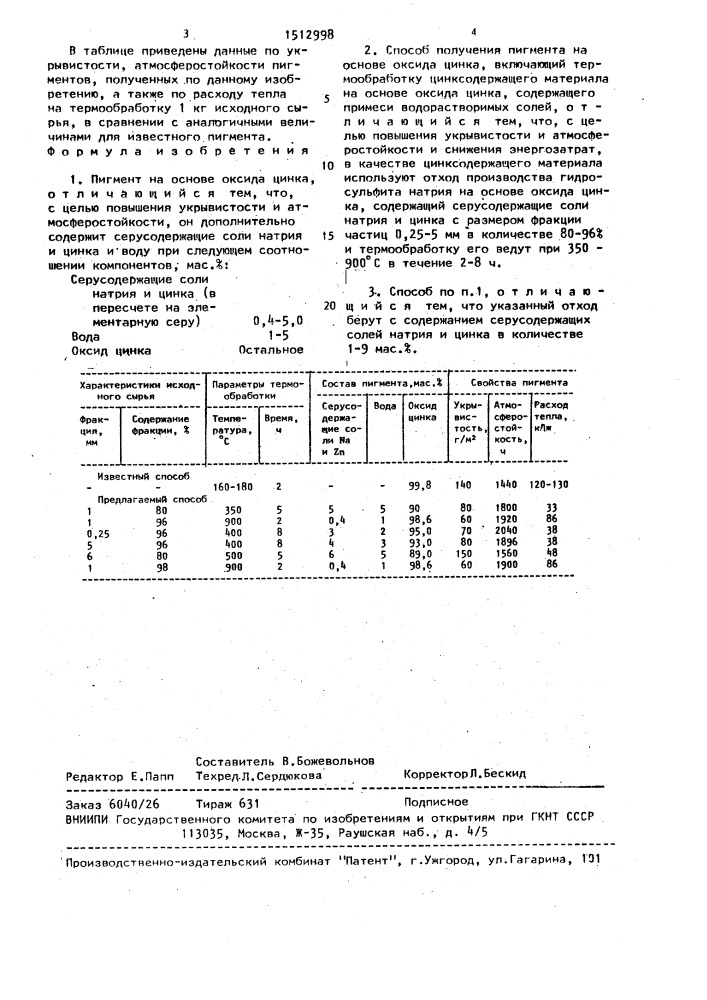 Пигмент на основе оксида цинка и способ его получения (патент 1512998)