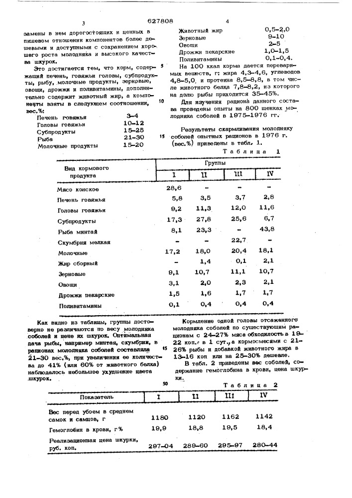 Корм для соболей (патент 627808)