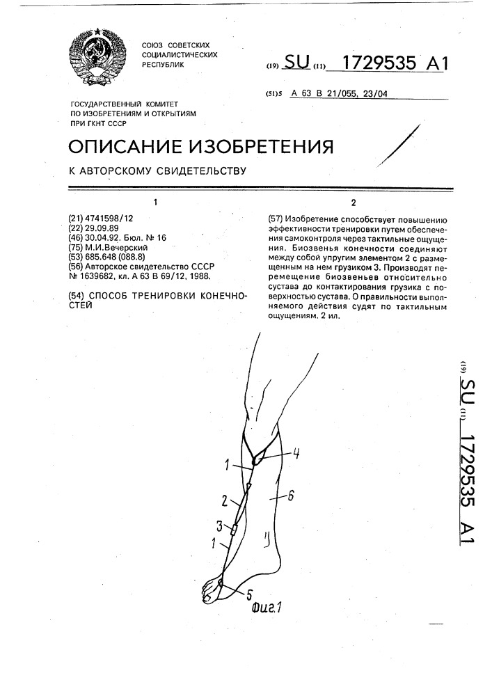 Способ тренировки конечностей (патент 1729535)