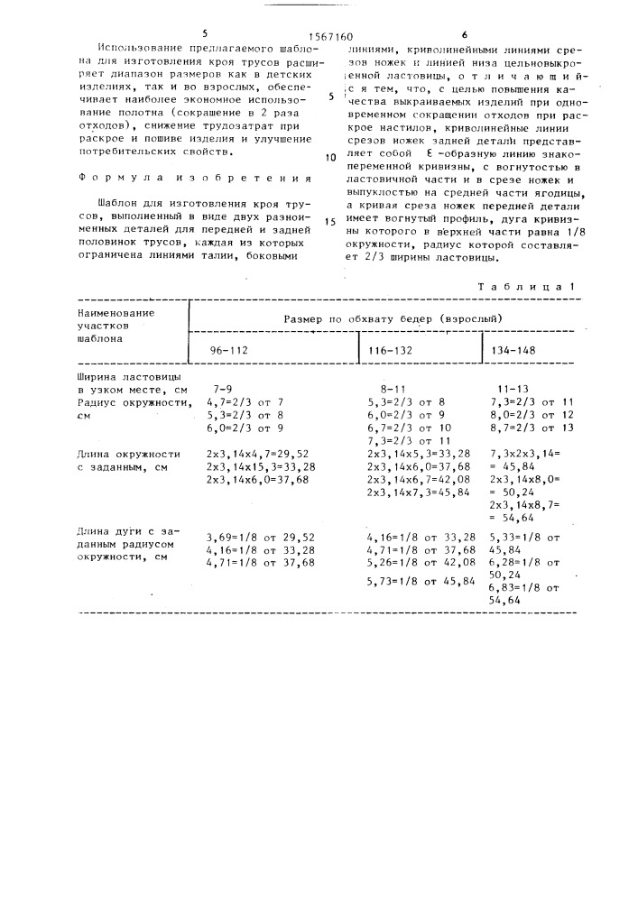 Шаблон для изготовления кроя трусов (патент 1567160)