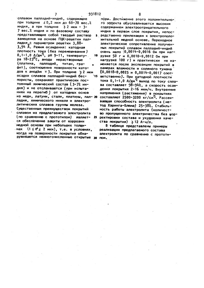 Электролит для осаждения покрытий из сплава палладий-индий (патент 931812)