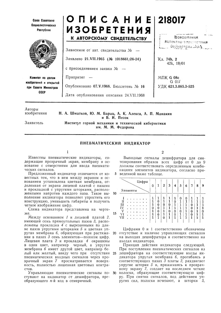 Пневматический индикатор (патент 218017)